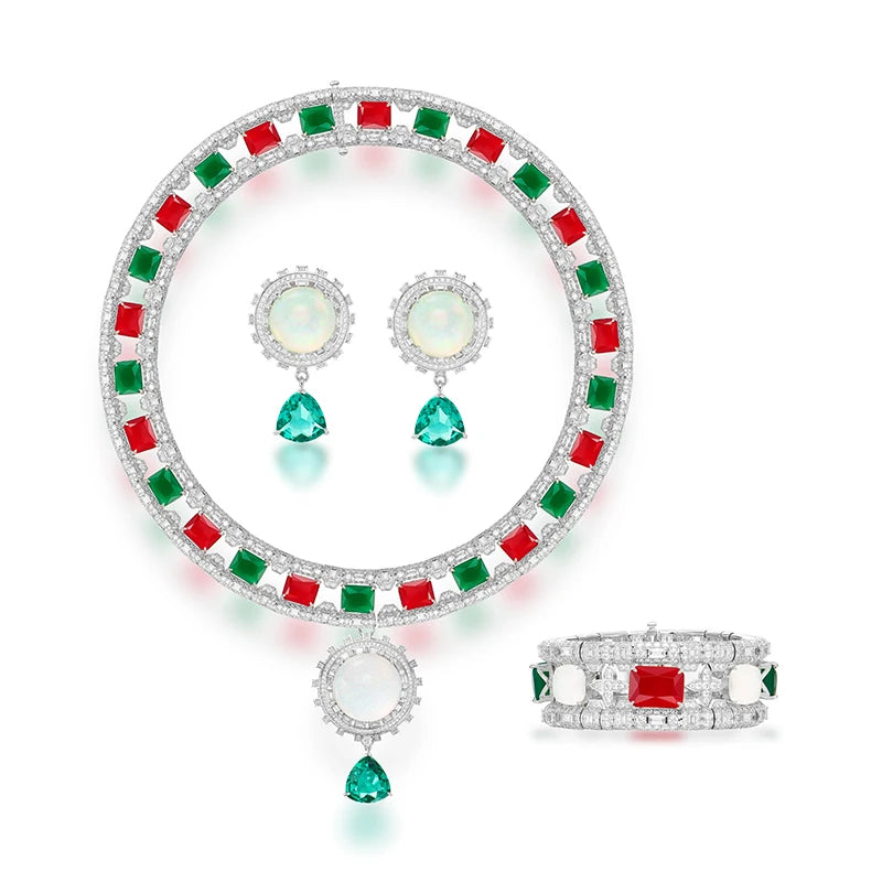 Exquisite and Gorgeous Bridal Wedding 3-Piece Set Unique Opal Zircon Necklace Earrings Bracelet As Large Exhibition Accessories