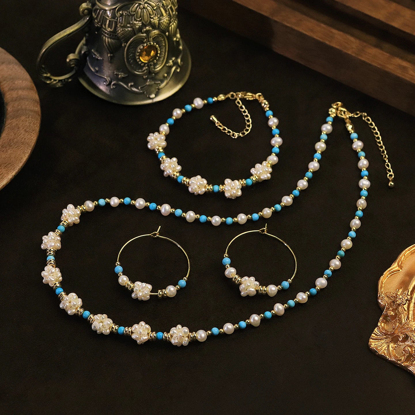 GLSEEVO Natural Pearl, Turquoise & Copper Bead Dainty Necklace, Earrings & Bracelet Set — Bohemian Style