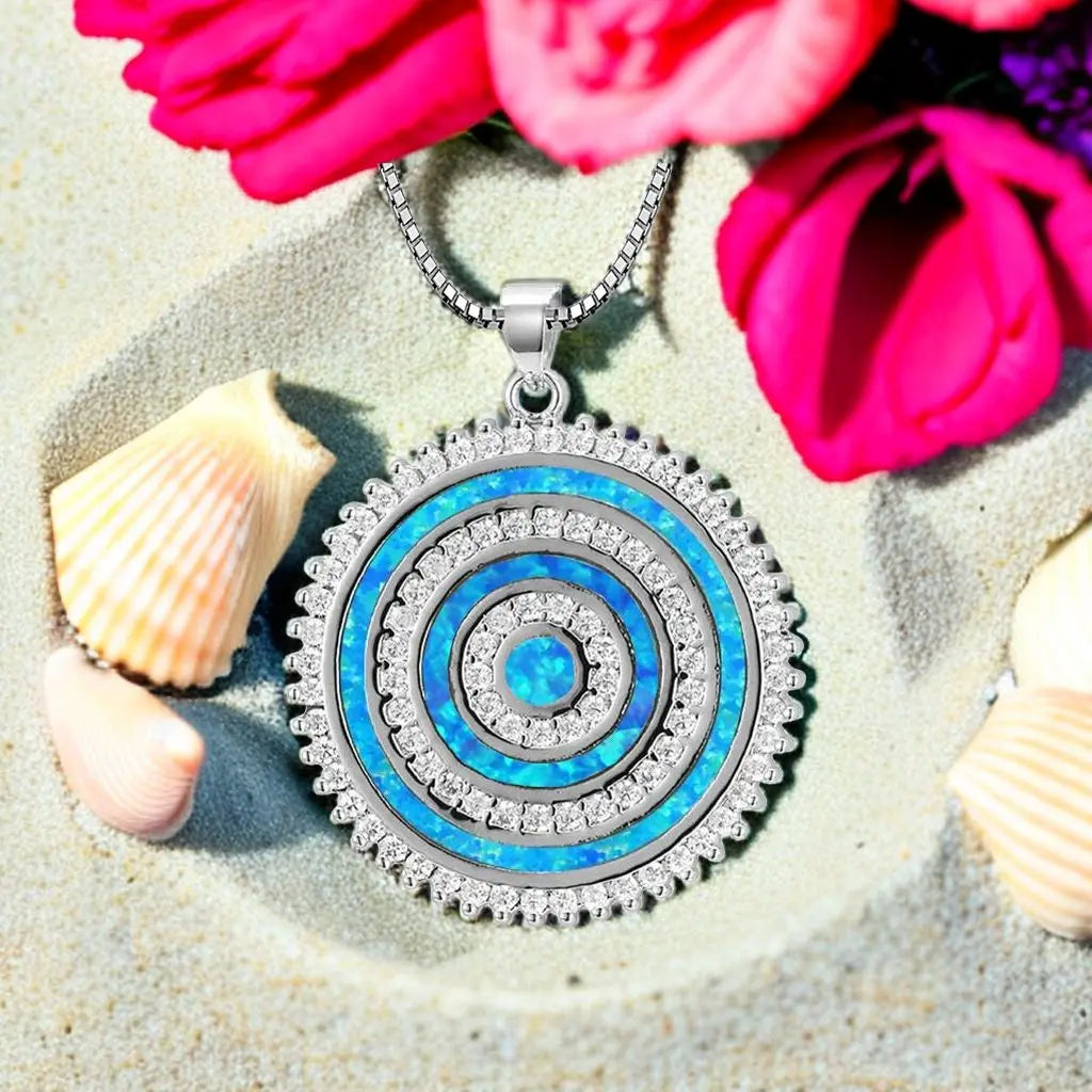 Fashion Silver Plated Copper Alloy  Round Opal Pave Setting Pendant Necklace for Women's Party Jewelry Aobao