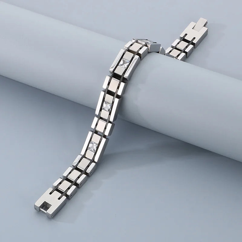 KALEN Plain Style Fashion Jewelry Bracelets Rhinestones Stainless Steel Men Bracelet Homme