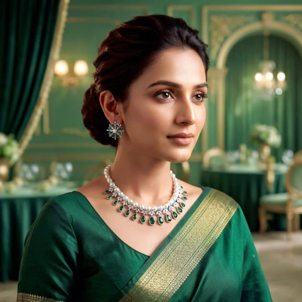 Luxury Silver Plated American Diamond Pearl Emerald Green Stone Necklace Set for Women Wedding Party Wear Jewelry Gift