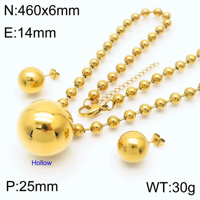 FASHIONISTA Fashion Simple Two-Piece Set Gold Plated Bead Pendant Stainless Steel Necklace Earrings Jewelry Set