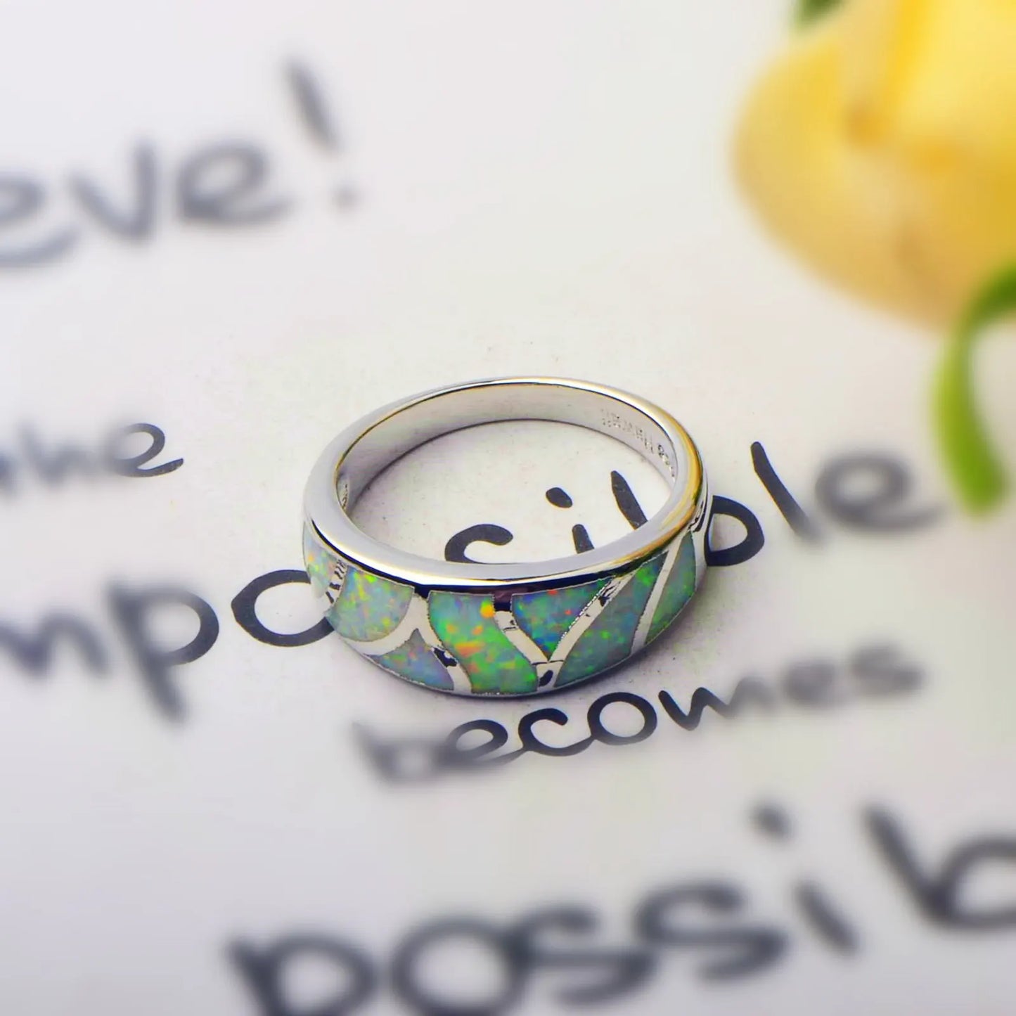 Iridescent Opal Geometric Ring | Sleek Silver Fashion Band