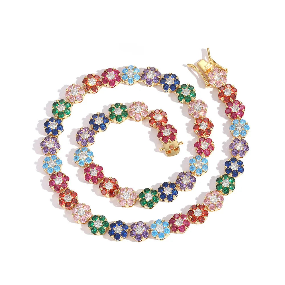 Fashion Colorful Flower Charm Zircon Rainbow Tennis Necklace  for Women Luxury Bling Jewelry Gemstone Necklace