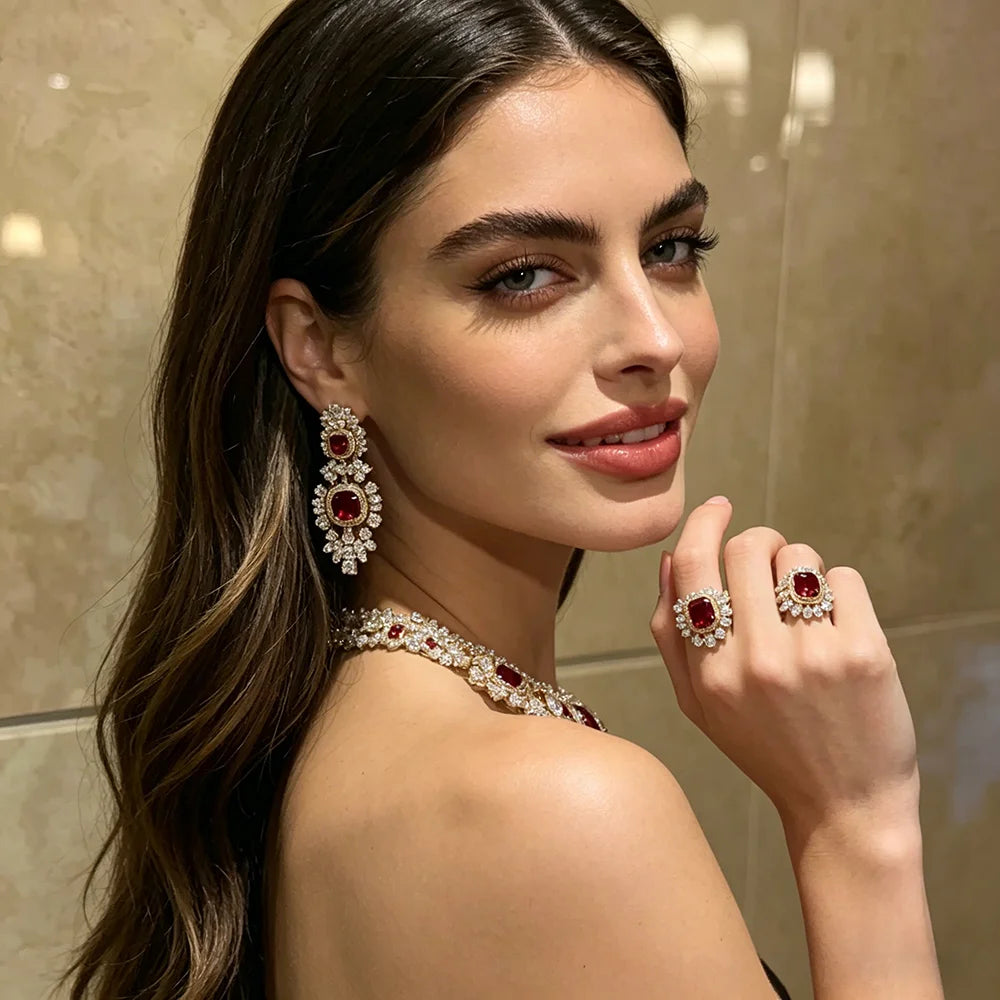 XM S297 Gold Plated Red Cushion Cut Zircon Floral Statement Necklace & Earrings Bridal Set