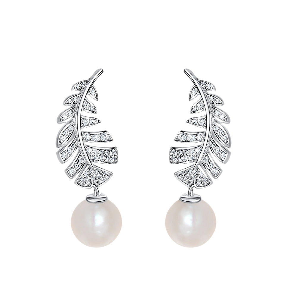 MUSHAN Jewelry Factory Feather Personality and Temperament Women 8mm White Beaded Earrings High Carbon Diamond Earrings