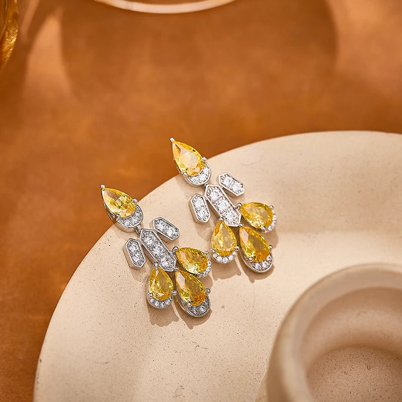Bridal Luxury Pear Cut Yellow Zirconia Necklace Earrings 2-piece Set High Quality Brass Jewelry Anniversary Gift