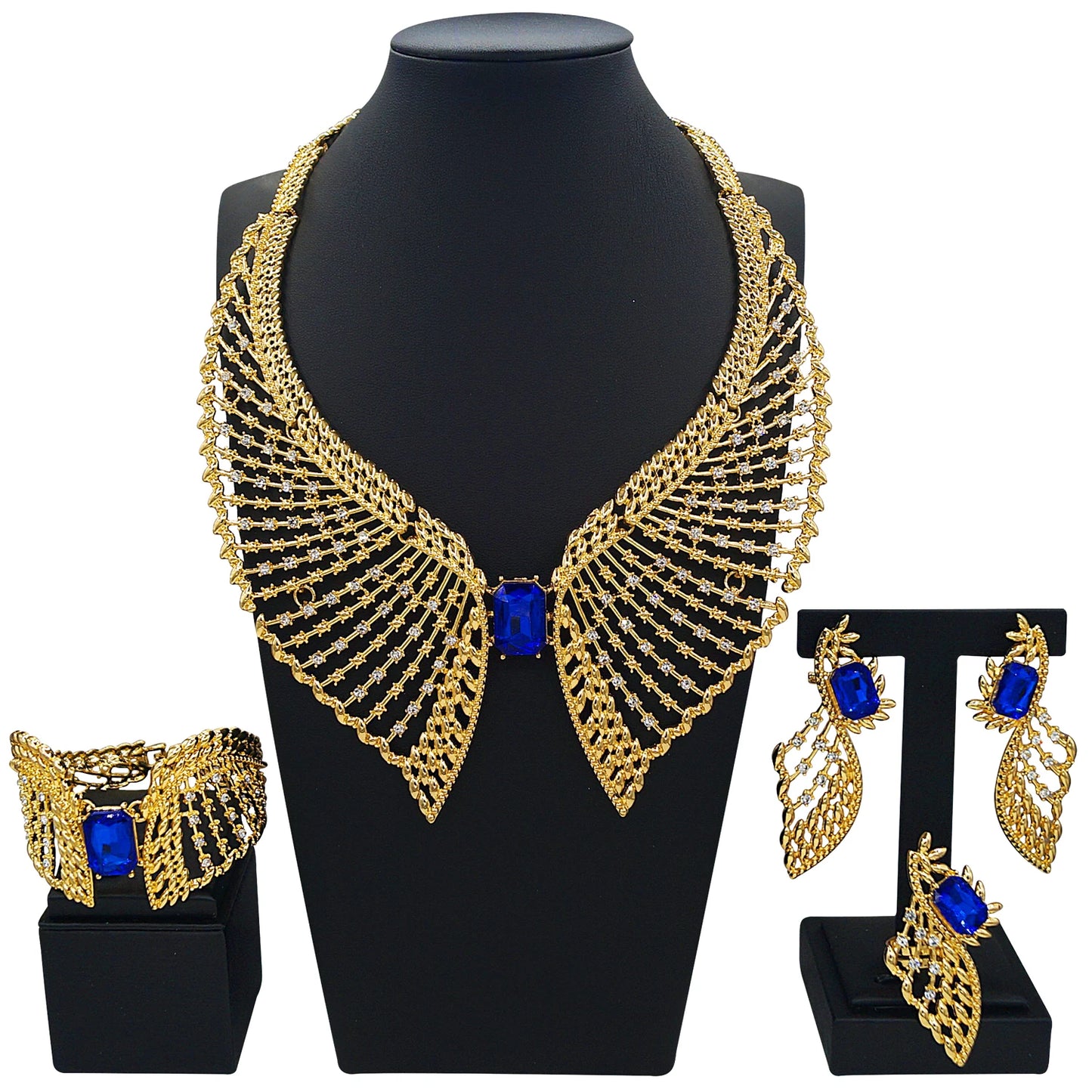 Zhuerrui Gold Plated Feather Design Necklace Bracelet Earrings Set with Blue Gemstones Rhinestones for Party Wedding 100029