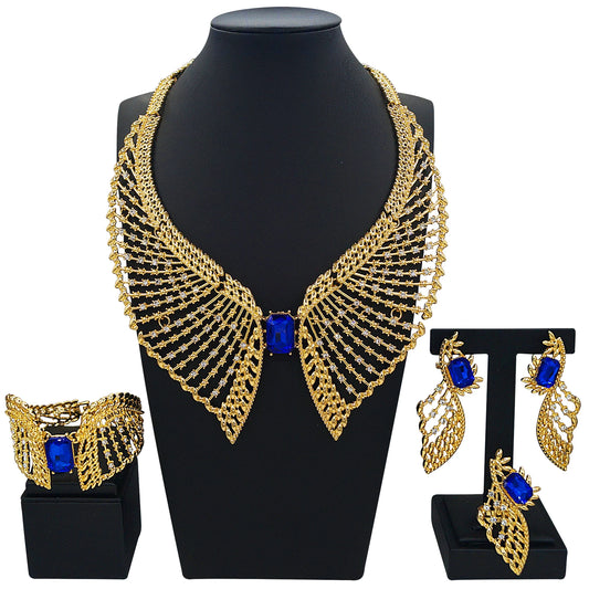 Zhuerrui Gold Plated Feather Design Necklace Bracelet Earrings Set with Blue Gemstones Rhinestones for Party Wedding 100029