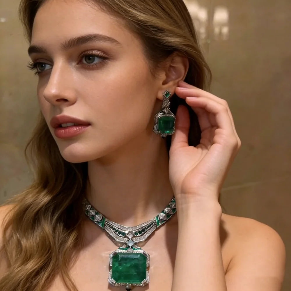 XM S205 Luxury Emerald Green Crystal Princess Cut Platinum Plated Copper Statement Necklace Drop Earrings Wedding Anniversary