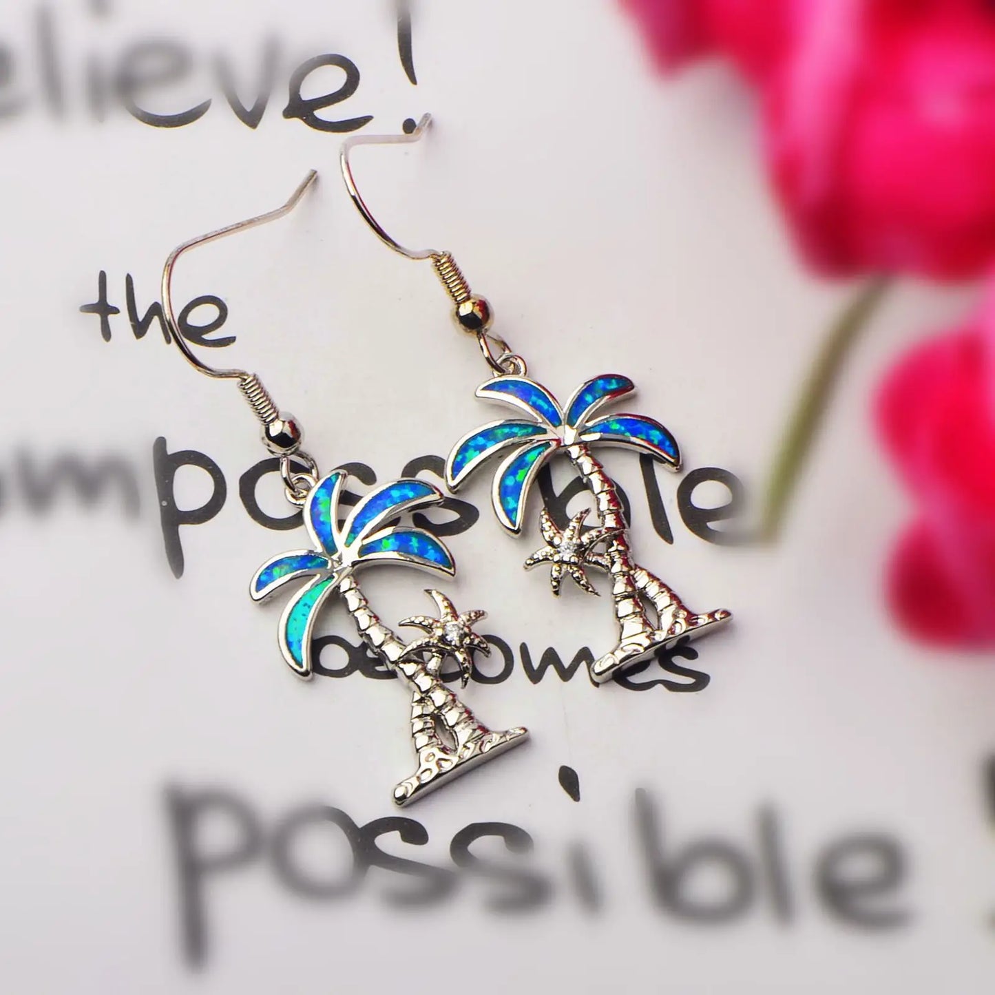 Trendy Silver Plated Brass Tropical Palm Tree Blue Fire Opal Starfish Drop Earrings-Women's Beach Vacation Jewelry Bulk Gifts