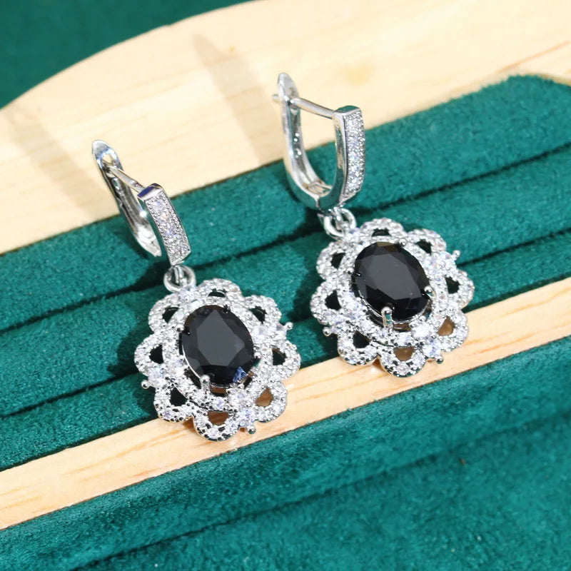 XOTICA Exquisite 925 Silver Jewelry Set for Women Wedding Black Zircon Bracelet Earrings Pendant Ring for Party Date Birthday Gift