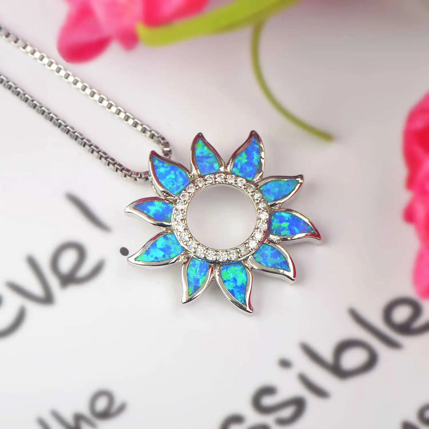 Aobao Fashion Colored Gem Opal Necklace New Sunflower Pendant Opal Studded Link Copper Silver Plated Wholesale Bestseller