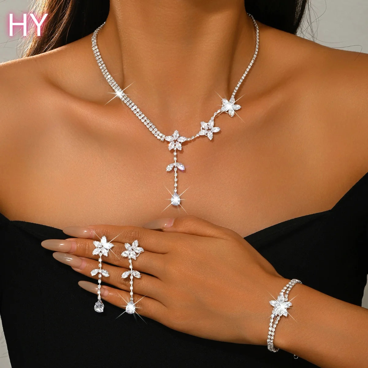 HY Daihe Set Glamorous Diamond Flower Leaf Tassel Chain Fashion Choker Necklace Earrings Party Wedding Jewelry Set