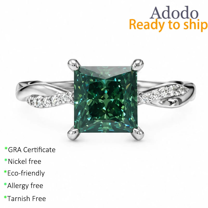 Wholesale Princess Cut Green 7mm 2CT Moissanite Engagement Ring S925 Silver White Gold Plated Women Jewelry
