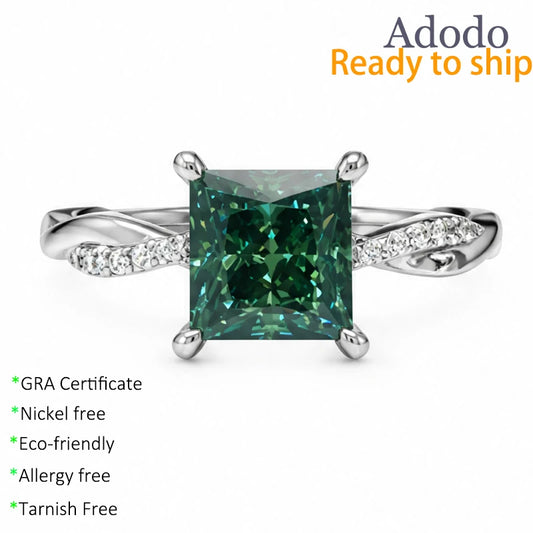 Wholesale Princess Cut Green 7mm 2CT Moissanite Engagement Ring S925 Silver White Gold Plated Women Jewelry