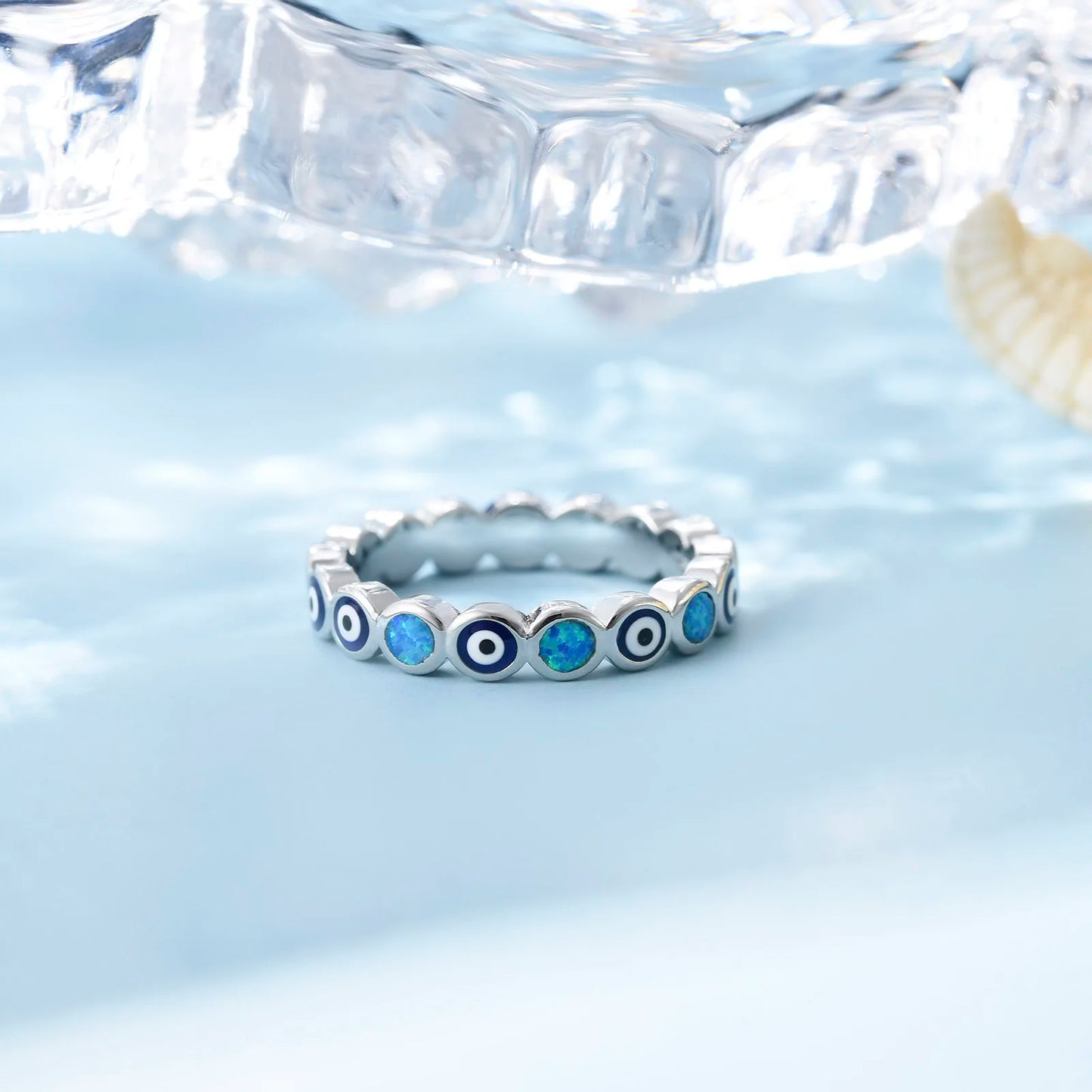 Mystical  Ring | Blue Iridescent Gem & Contrast Pattern Band | Bold Protective Jewelry for Daily & Party Style