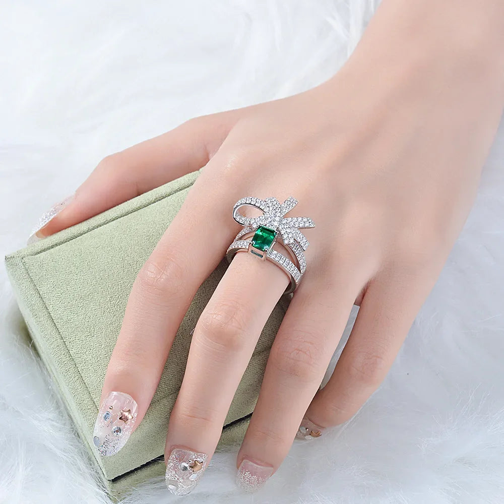 MUSHAN Jewelry Factory 1ct Zambian Color Cultured Emerald 5*7 Bowknot Ring 925 Sterling Silver Rings Fine Jewelry for Women