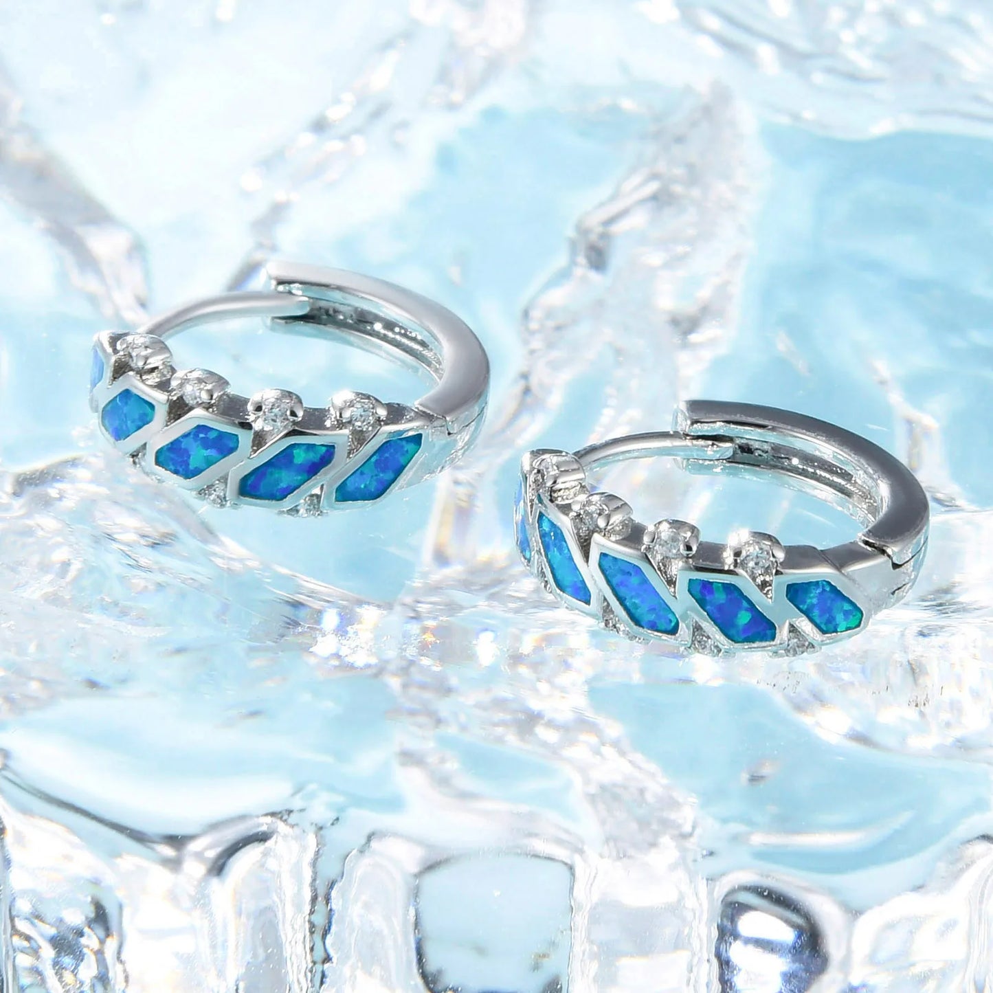 Geometric Mosaic Opal Huggie Hoops - Blue Fire Opal & CZ Accent Grid Design | Chic Daily Jewelry Bulk Gifts