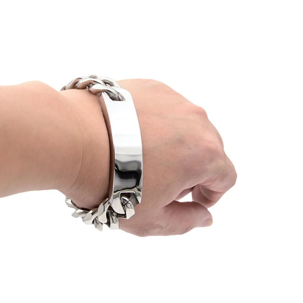 REBEL VIKING Six-Sided Cuban Link Chain Bracelet – 19mm Silver Stainless Steel