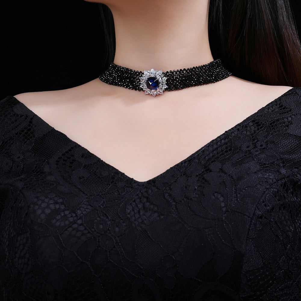 MUSHAN Jewelry Factory Black Spinel Woven S925 Sterling Silver Multi Layer Necklace High End Cross Piece Necklace