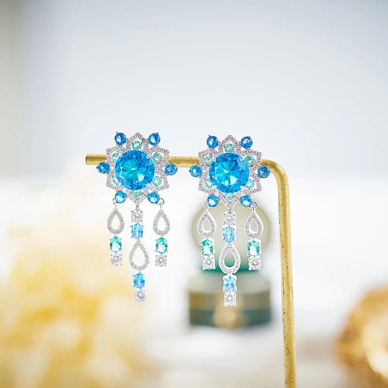 Women's Blue Waterproof Long Necklace Earring Set with Big Zircon Stone Exaggerated Blue Stone Temperament Accessories Weddings