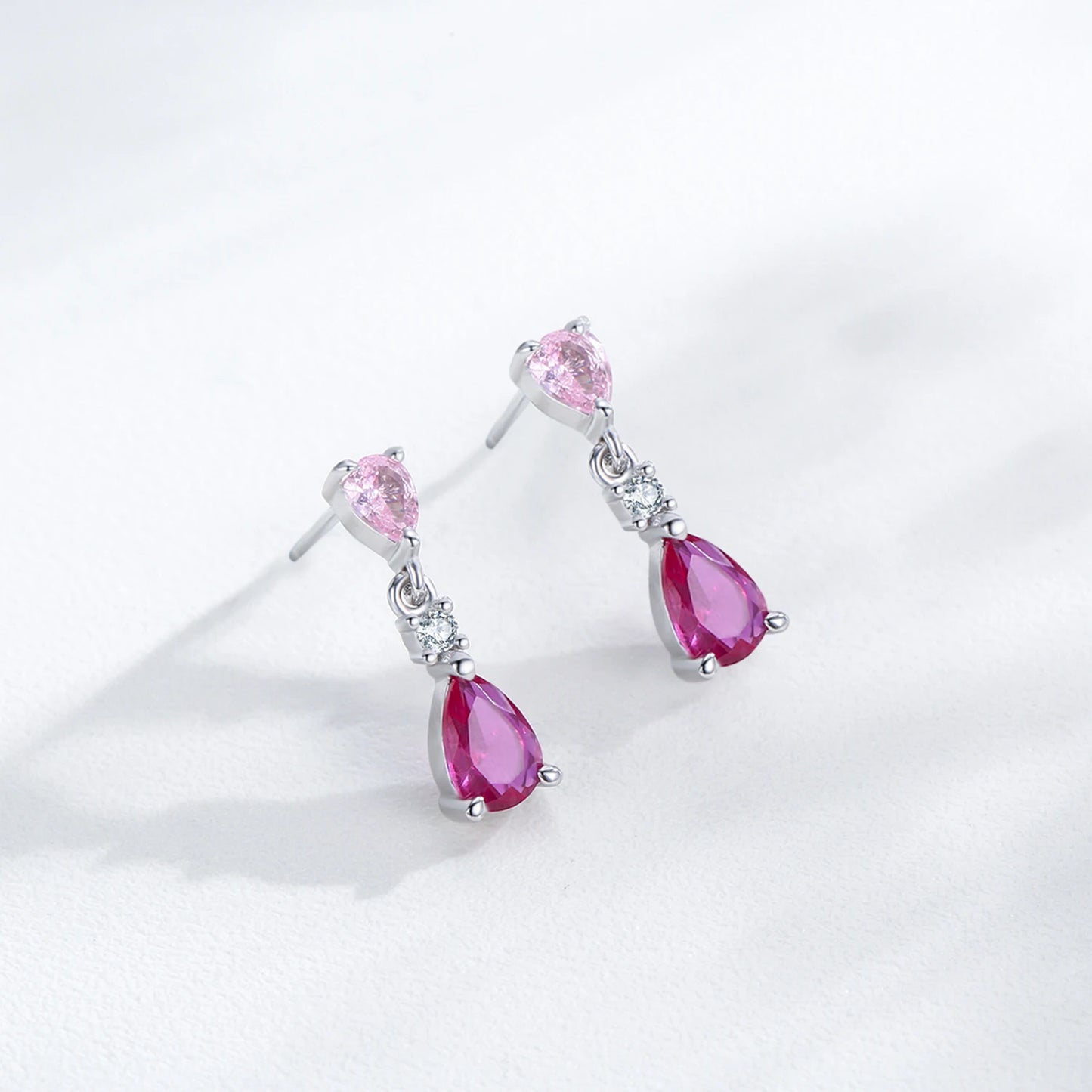 Ailmay 925 Sterling Silver Sweet Pink Water Droplet Zircon Pendant Necklace Earrings Set for Women Romantic Valentine's Day Gift