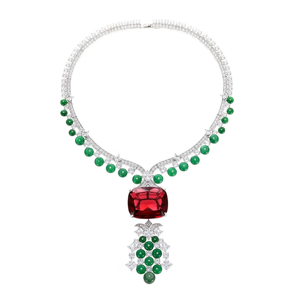 Women's High-end Red and Green Evening High-end Jewelry Set Inlaid with Zircon, Durable Brass Material, Non Oxidizing Banquet