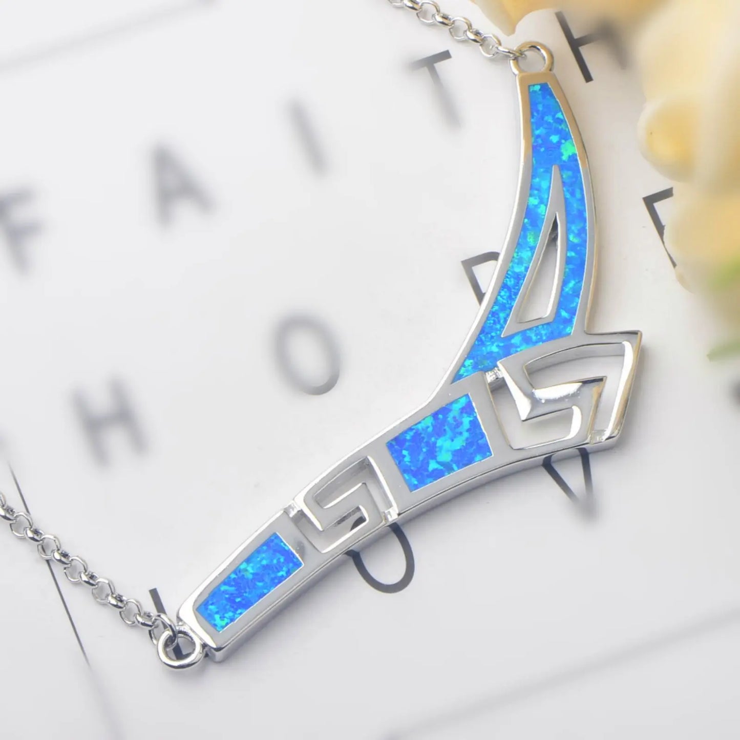Aobao Christian Silver Plated Copper Link Chain Long Sweater Necklace with Geometric Design Minimalist Opal Stone Women's Gift