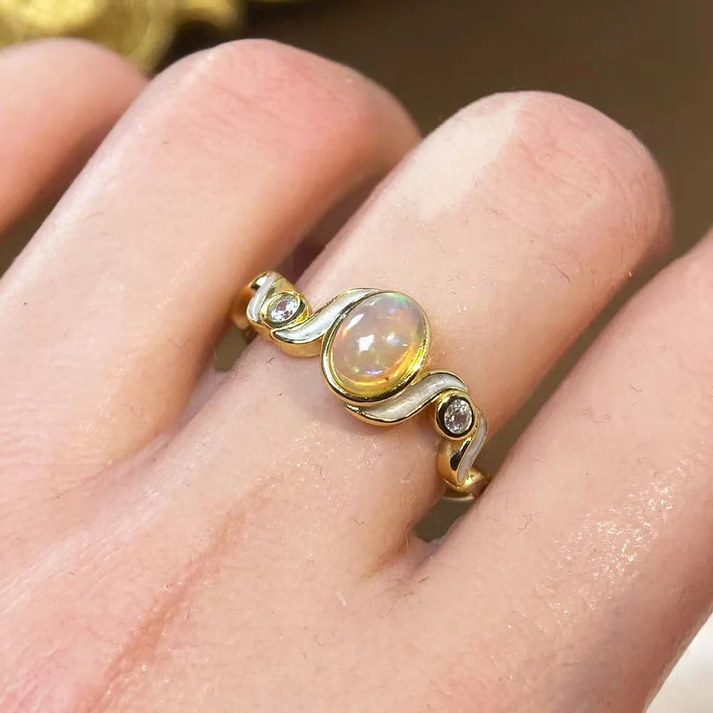 Gioiellieri Natural White Opal Prong Setting Rhodium Plated 925 Sterling Silver Luxury Women's Wedding Ring