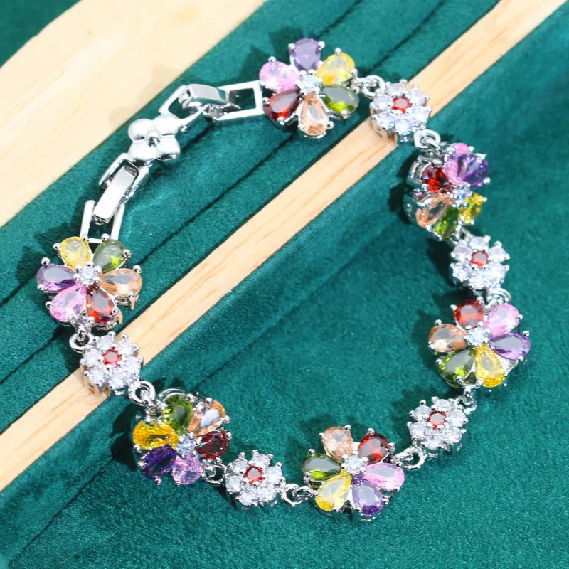 XOTICA Multicolor Zircon 925 Sterling Silver Jewelry Set for Women for Wedding Parties Bracelet Earrings Necklace Pendant Ring