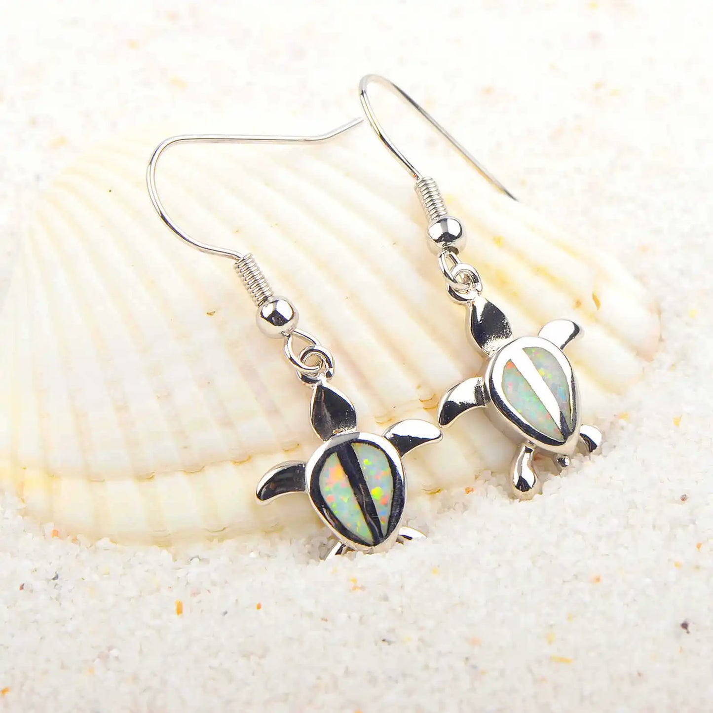 Cute Little Turtle Blue Opal Earrings  Iridescent Ocean Minimalist Earrings