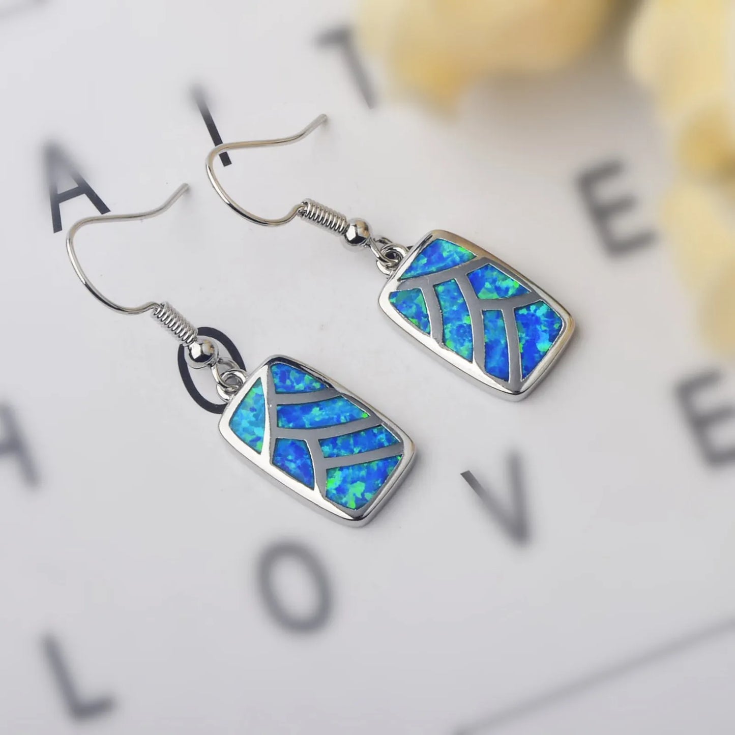 Leaf-Pattern Opal Drop Earrings - Blue Fire Opal Inlaid Rectangular Frame Design | Nature-Chic Daily Jewelry Bulk Gifts