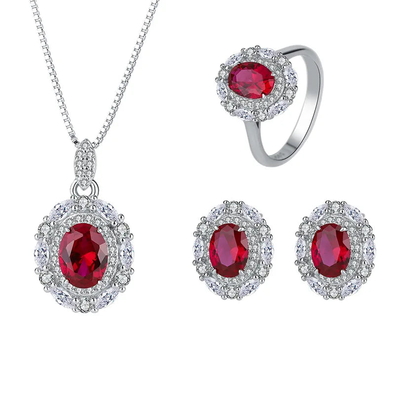 Gemfiori Fashionable Luxury Jewelry Pigeon Blood Red Oval Zircon Earrings Necklace Ring Minimalist New Set