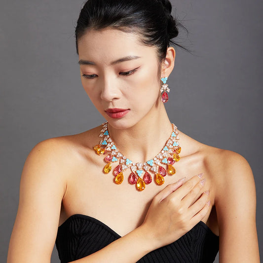 Customized Gold Plated Inlaid Zircon Green Floral Evening Dress for High-end Dubai Jewelry Necklace Earrings Set for Women