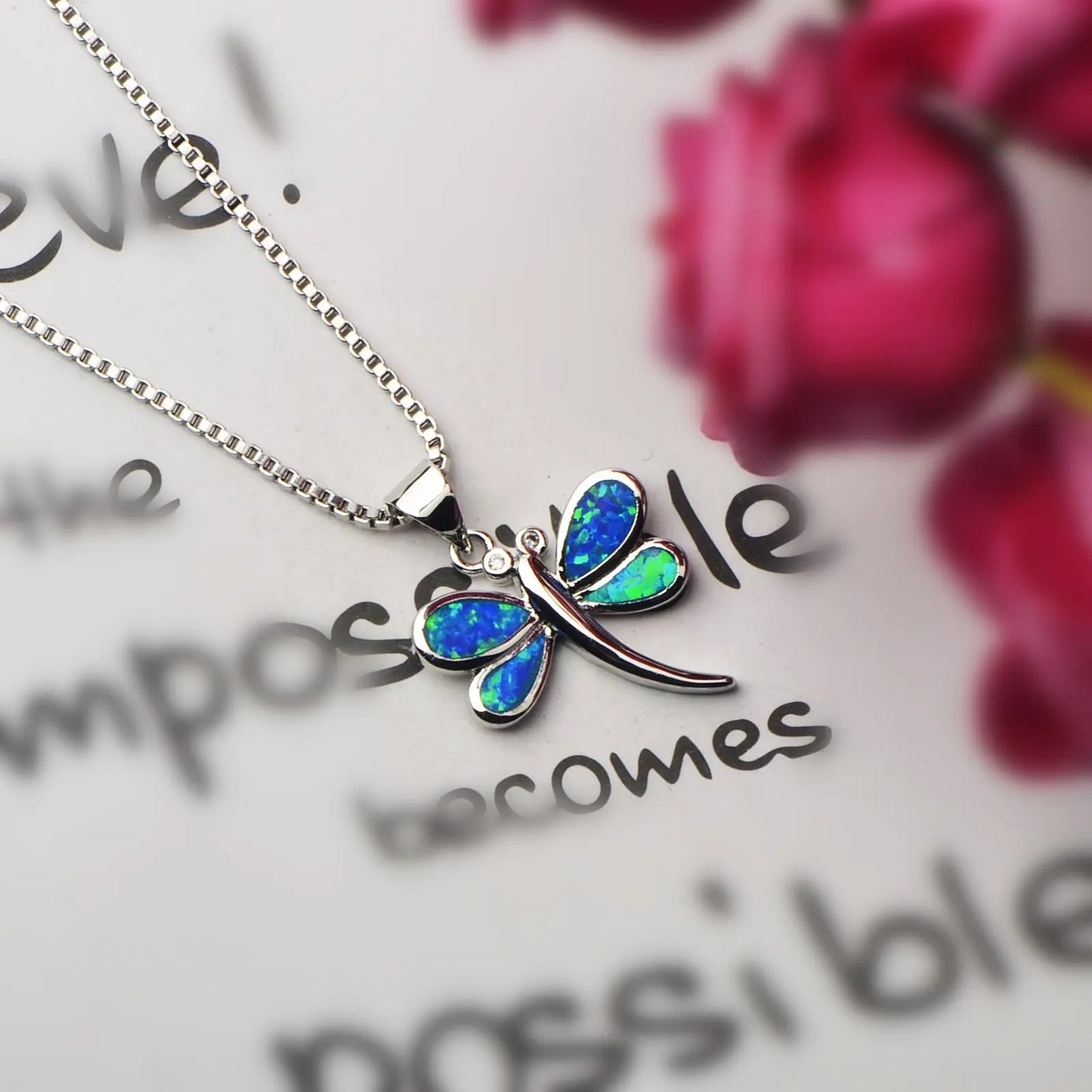 Minimalist Blue Opal Dragonfly Pendant | Copper Silver Plated Box Chain Lariat Necklace-Trendy Women's Gift