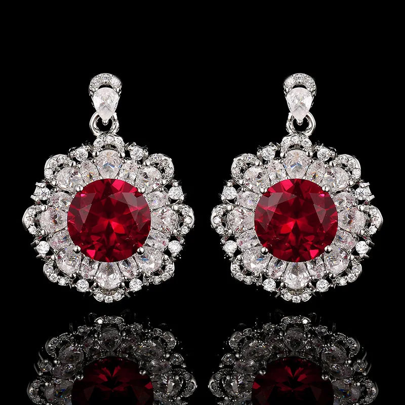 Gemfiori Bridal Wedding Luxury Ruby Flower Set with Zircon Exquisite Jewelry Wedding Necklace Earrings Three Piece Set