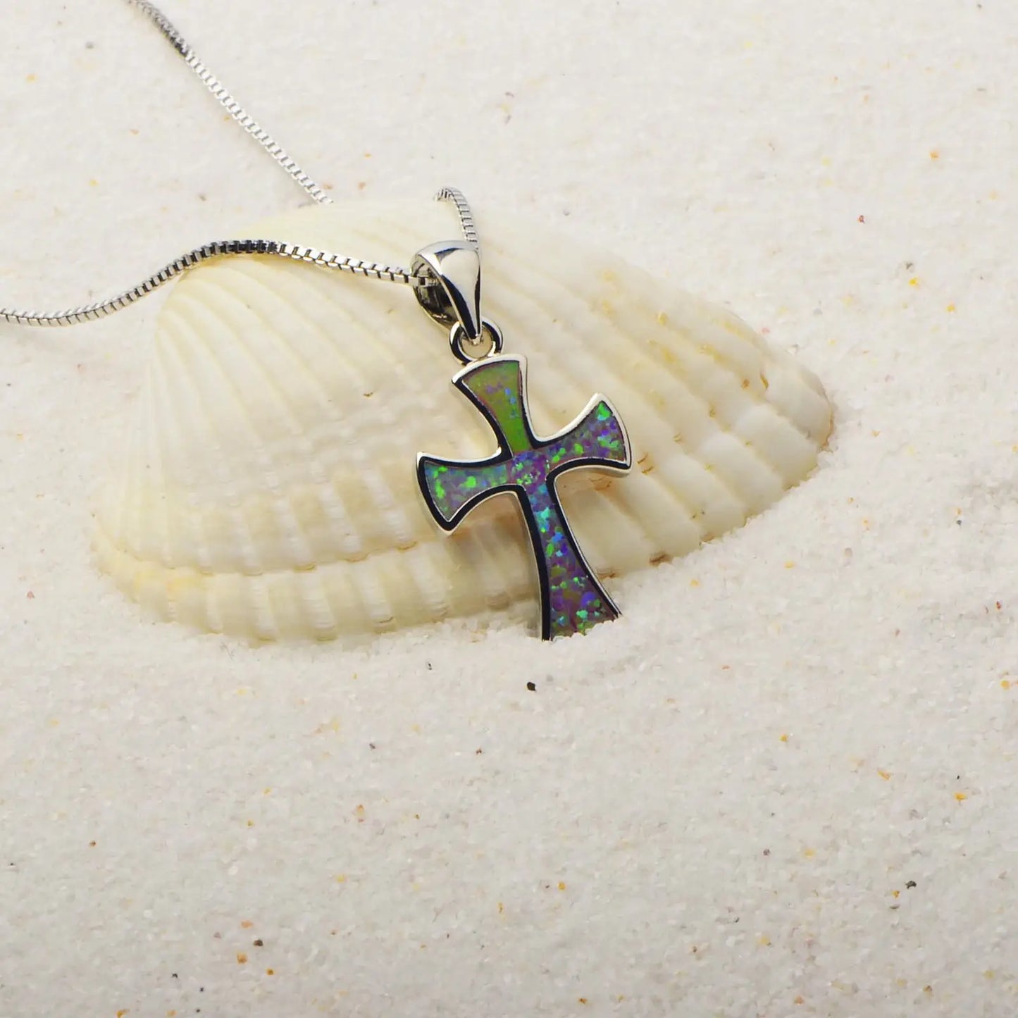 Dainty Opal Cross Necklace - Handcrafted Silver Plated Religious Jewelry Bulk for Ladies