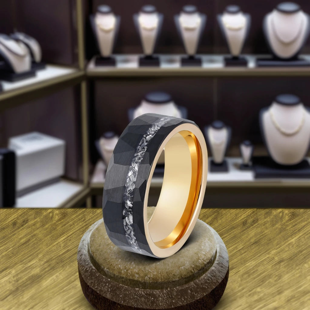 Tungsten Carbide Ring 8mm Black Brushed Geometric Pattern with Gold Inner Rim Scratch-Resistant Iron Shavings Men's Wedding Ring