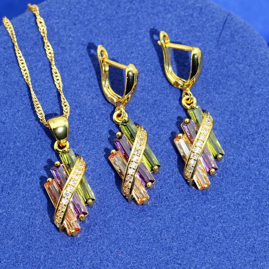XOTICA Women's Gold Plated Multicolor Zircon Jewelry Set Square Earrings Necklace Pendant Ring for Wedding Parties Classic Bridal Gifts
