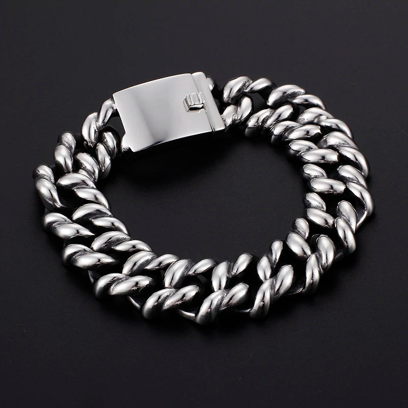 KALEN 316L Stainless Steel Heavy Silver Bracelet Bangle Men High Polish Biker Unique Chain Bracelets Jewelry