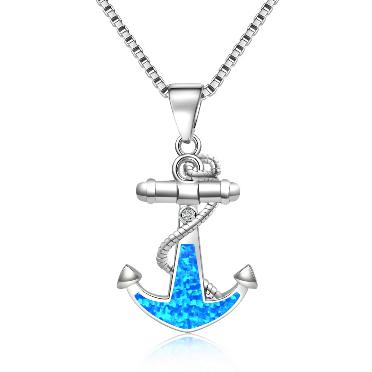 Fashionable Hawaiian Ocean Style Blue Opal Anchor Lariat Necklace Silver Plated Copper Alloy Link Chain