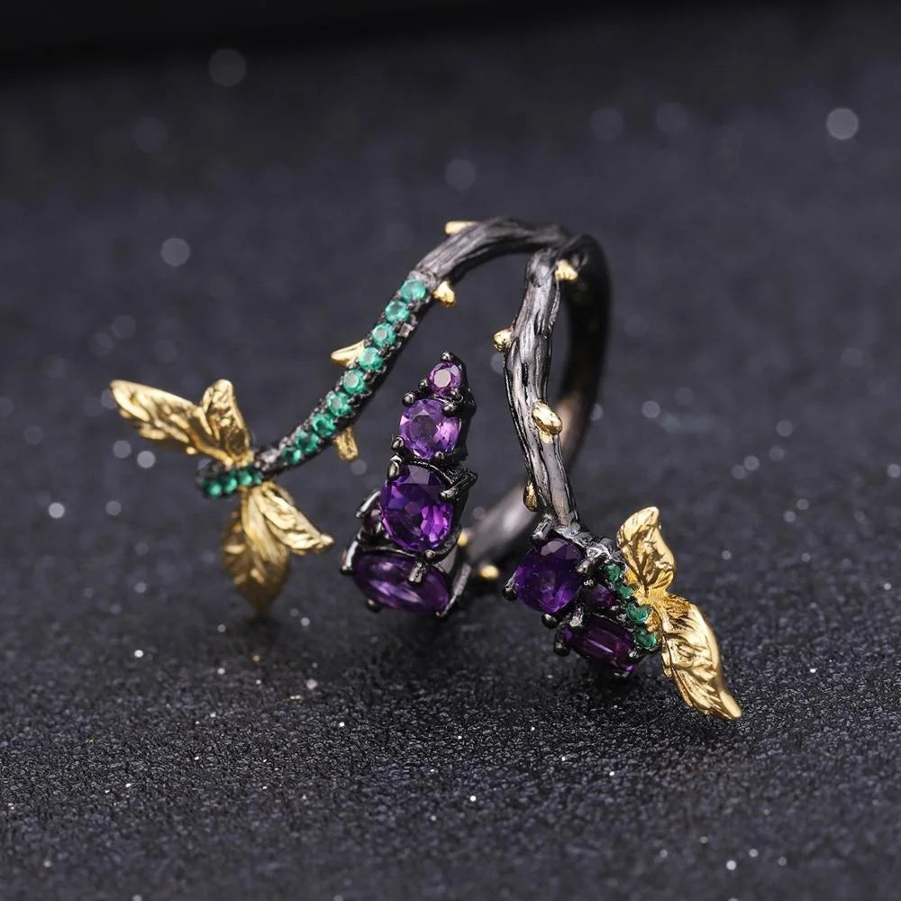 ArtistA Abiding Fine Jewelry 925 Sterling Silver Nano Emerald Gold Plated Butterfly Natural Amethyst Gemstone Rings for Women