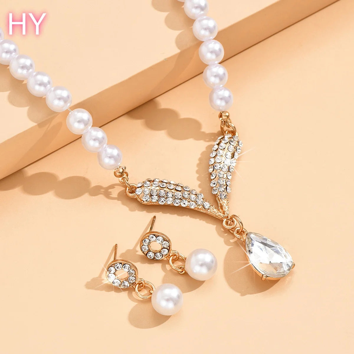 HY  Factory Wholesale Custom Korean Version Imitation Pearl Necklace Earrings] Bridal Accessory Temperament Two-piece Set