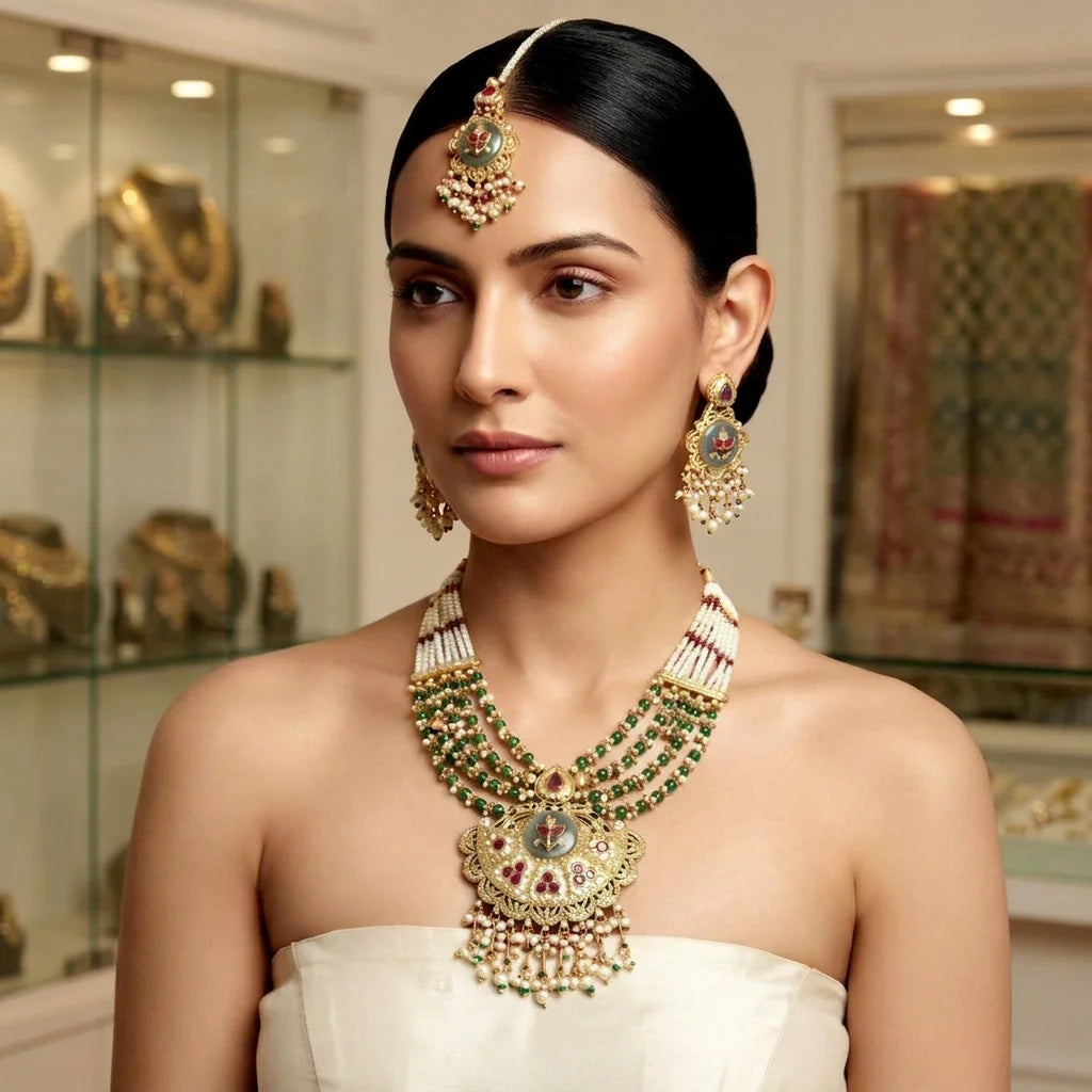 Luxury Kundan Meenakari Bridal Necklace Set with Pearl Beads, Green Stones, Matching Earrings & Maang Tikka Gold Plated Set