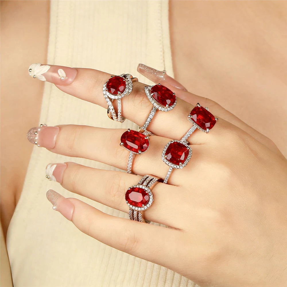 Wholesale Custom 925 Sterling Silver Ruby Rings Women Anniversary Wedding Red 5A 8A Zirconia Rings Jewelry Supplier Manufacturer