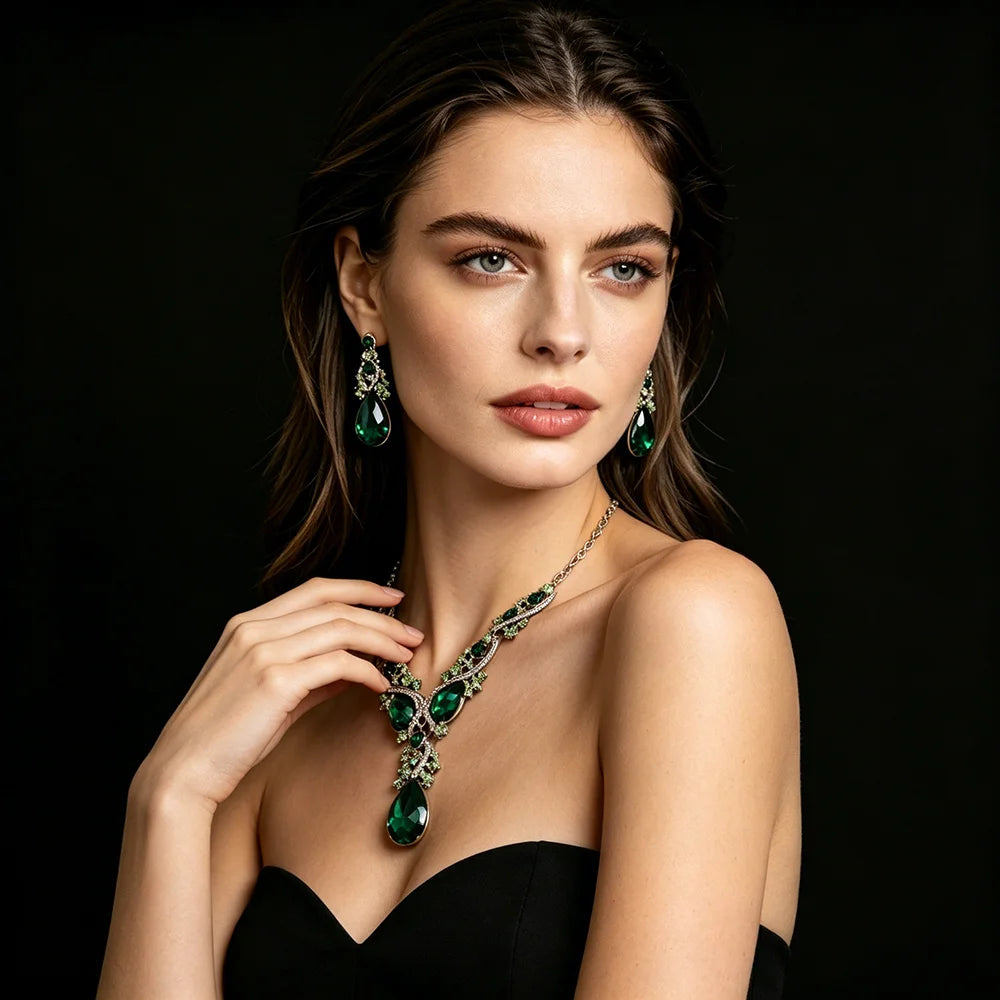 XM S368 Silver Plated Princess Cut Zircon Floral Statement Necklace & Drop Earrings Set