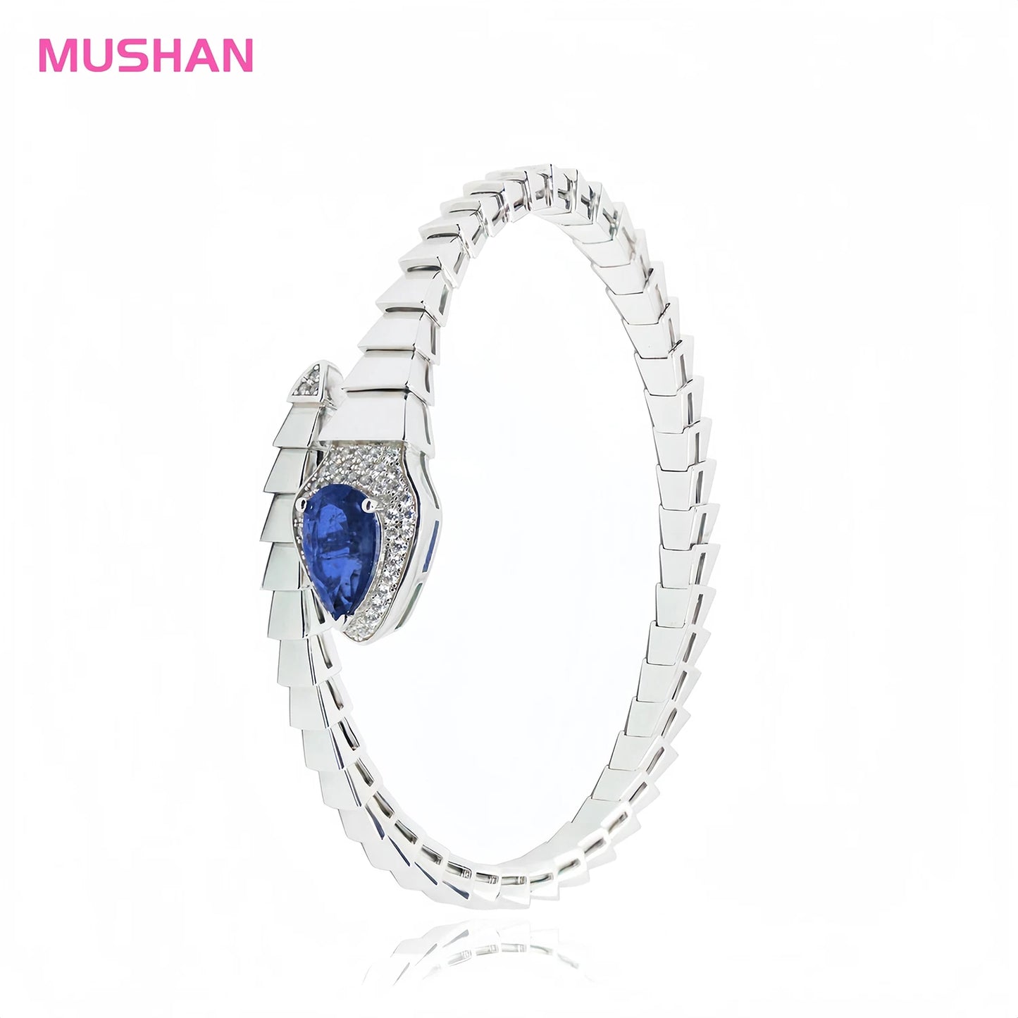MUSHAN Jewelry Factory Spirit Snake Shape Design 925 Silver Bangles Synthetic Sapphire High Carbon Diamond Fine Jewelry Bracelet