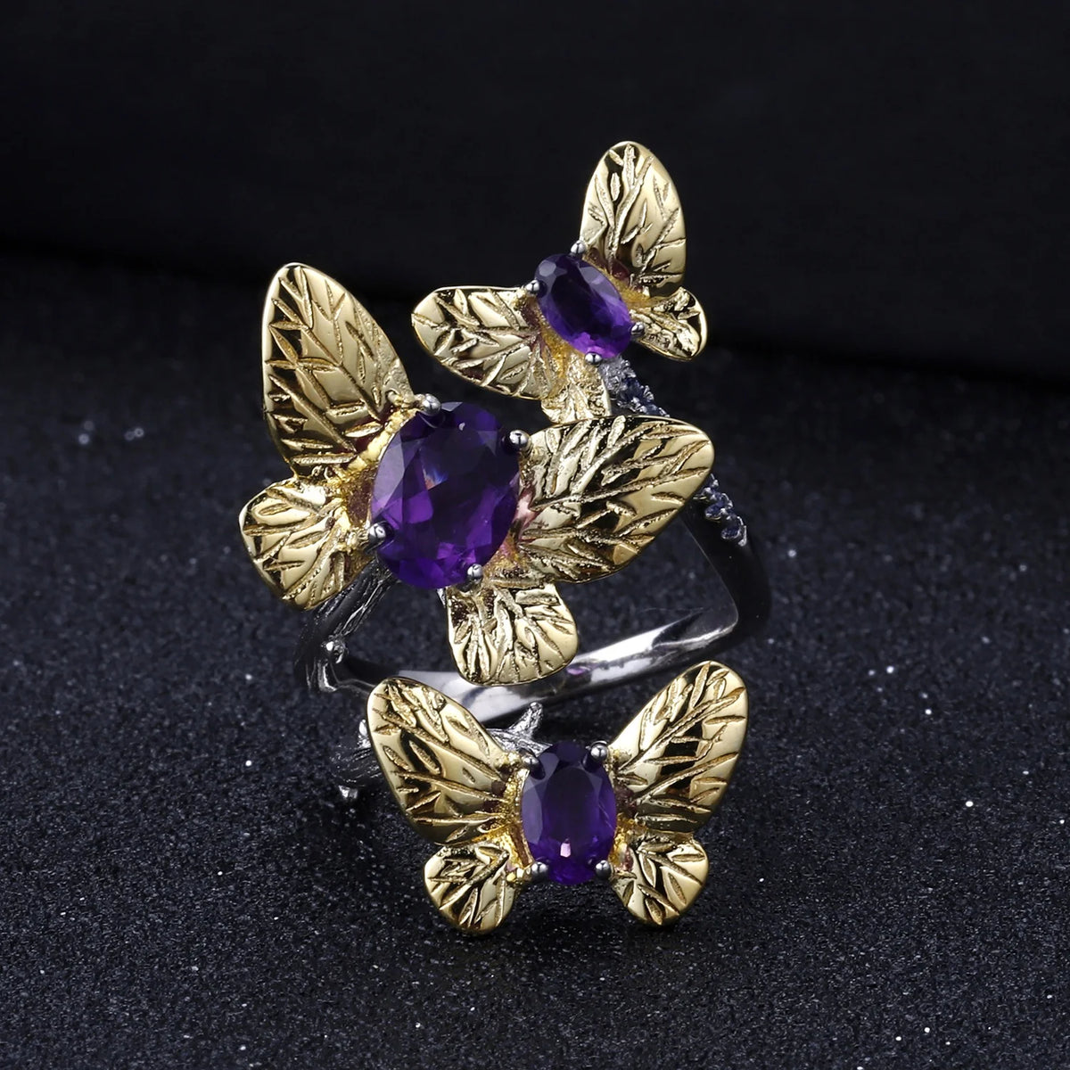 ArtistA C7751 Abiding Factory Natural Amethyst S925 Silver Gold Plated Butterfly Dangle Earrings Adjustable Ring Jewelry Set