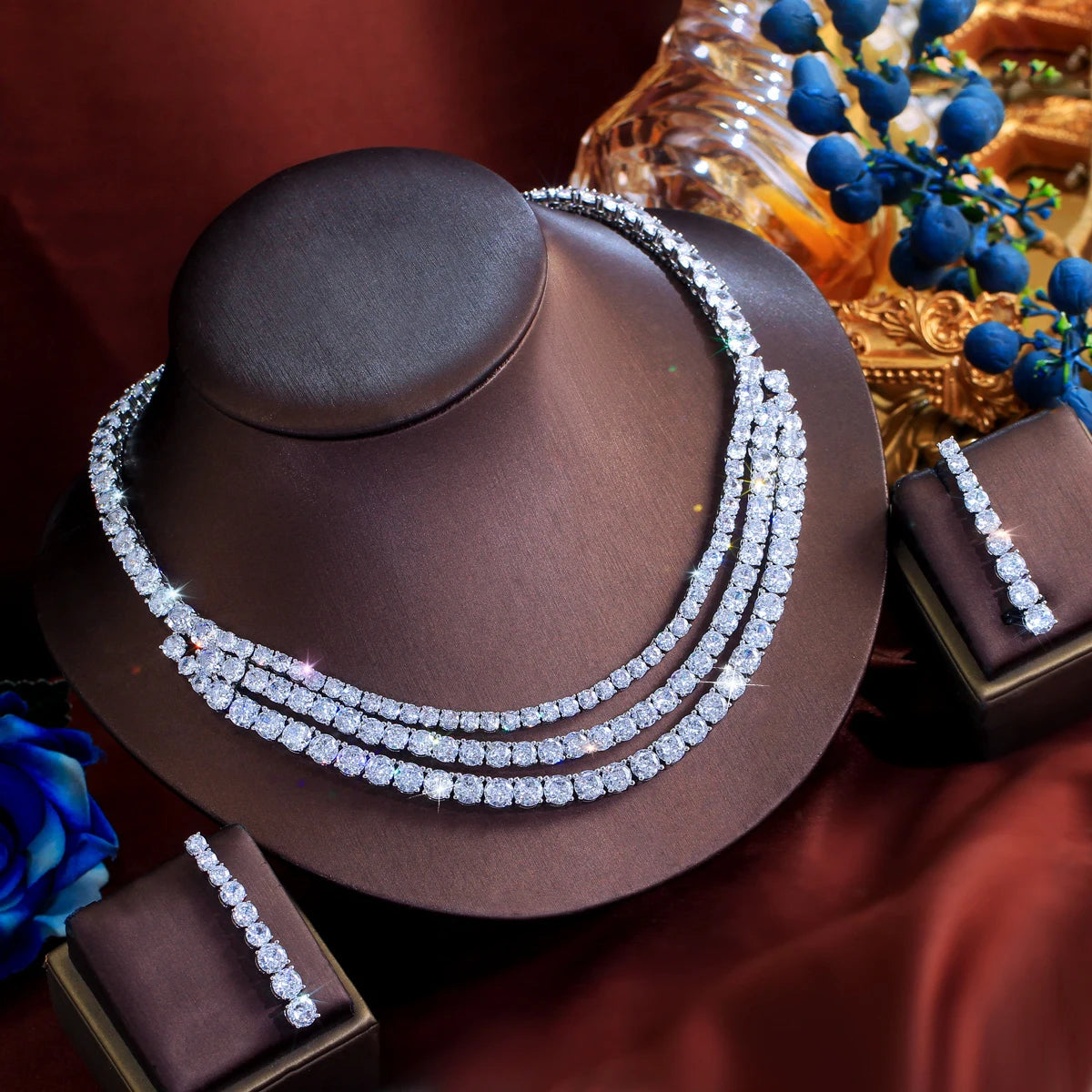Stunning Round White Cubic Zirconia Tennis Necklace and Earrings Multi Layer Luxury Wedding Bridal Chunky Jewelry Sets for Women